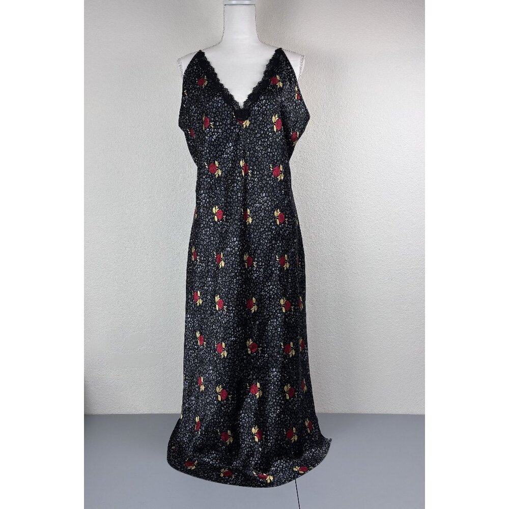 Vintage Morgan Taylor Intimates XL satin black animal print slip midi‎ dress